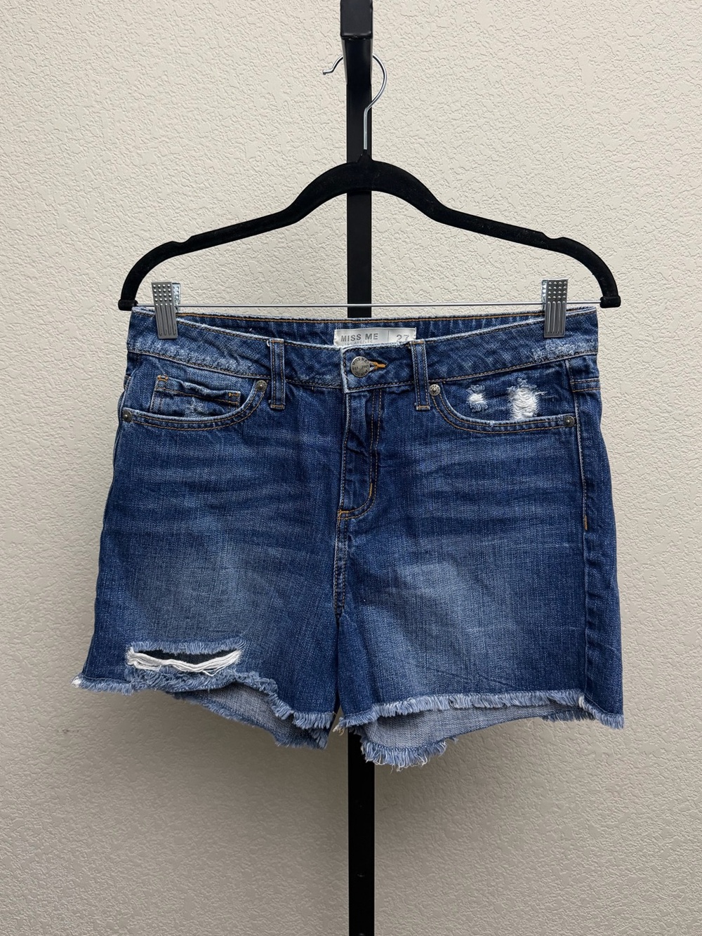 Miss Me Blue Distressed Frayed Hem Jean Shorts